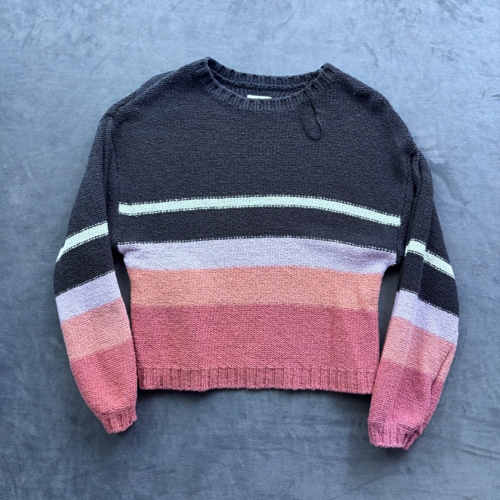 Billabong Womens Striped Chunky Knit Crewneck Sweater Charcoal Pink Large